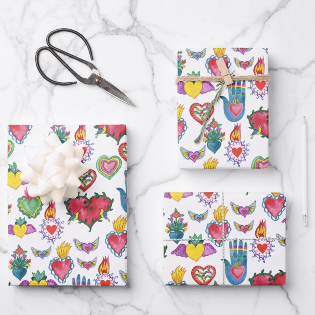 Feuille De Papier Cadeau Milagros Coeurs flamants Aquarelle Valentines Aime (Recto)