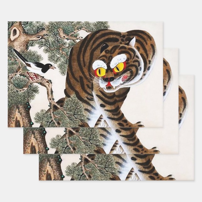 Feuille De Papier Cadeau Minhwa tigre et pâté sous arbre à pin (Lot)