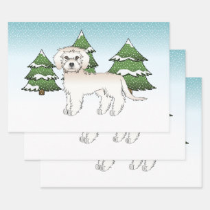 Feuille De Papier Cadeau Mini Goldendoodle crème dans une forêt hivernale