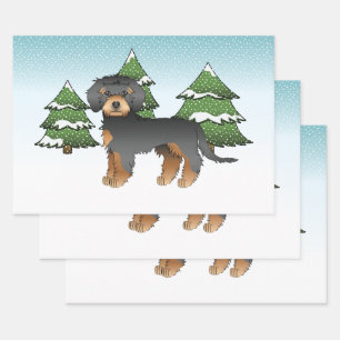Feuille De Papier Cadeau Mini Goldendoodle noir et fauve - Forêt hivernale