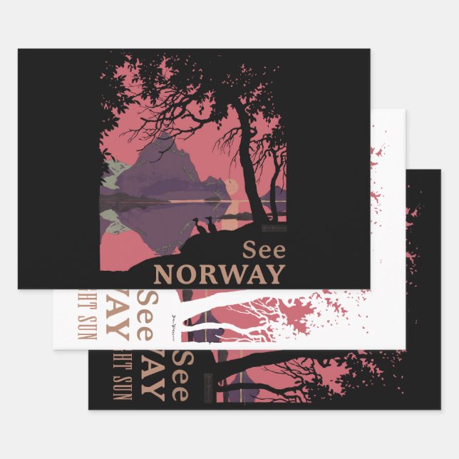 Feuille De Papier Cadeau Minimalist Norway Sunset Poster - Mountain Fjord (Lot)