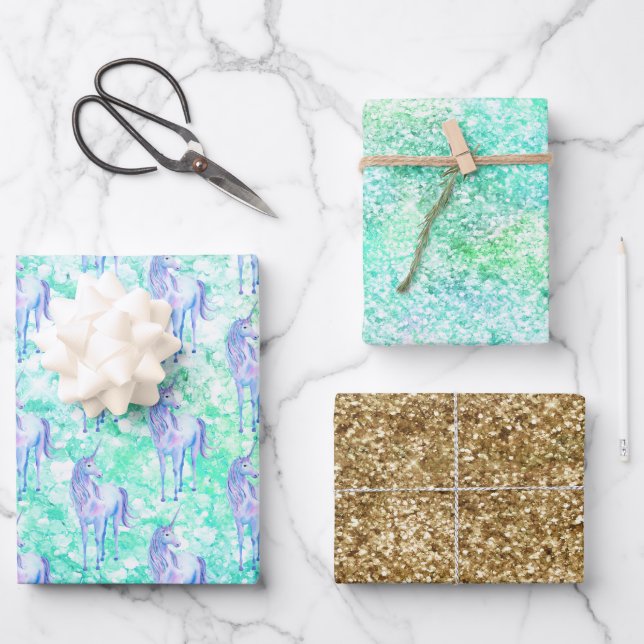 Feuille De Papier Cadeau Mint Aqua Confetti Parties scintillant Unicorn (Recto)