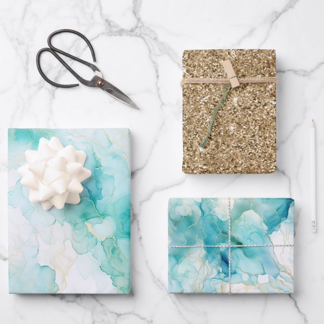 Feuille De Papier Cadeau Mint Aqua Glam Elegant Marbre Or (Recto)