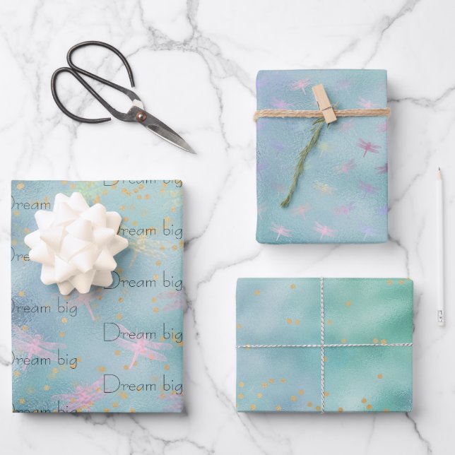 Feuille De Papier Cadeau Mint Aqua Gold Confetti Dreamy Dragonflies (Recto)