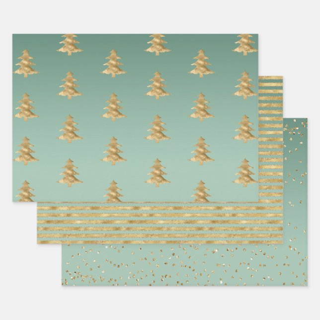 Feuille De Papier Cadeau Mint Green Gold Stripes Arbres de Noël Confetti (Lot)