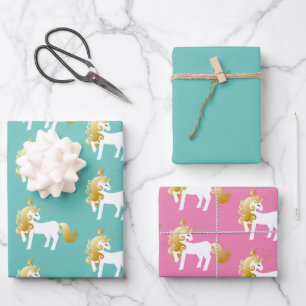 Feuille De Papier Cadeau Mint Rose or blanc Unicorne Anniversaire