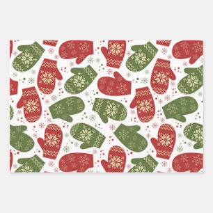Feuille De Papier Cadeau Mittens rouge et vert avec des flocons de neige No