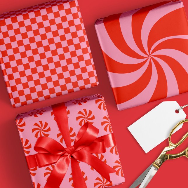 Feuille De Papier Cadeau Mod Wavy Super Hippie Rétro Noël rose rouge (Créateur téléchargé)