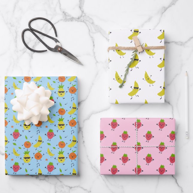 Feuille De Papier Cadeau Modèle d'anniversaire Tutti Fruitti Fruits mignons (Recto)
