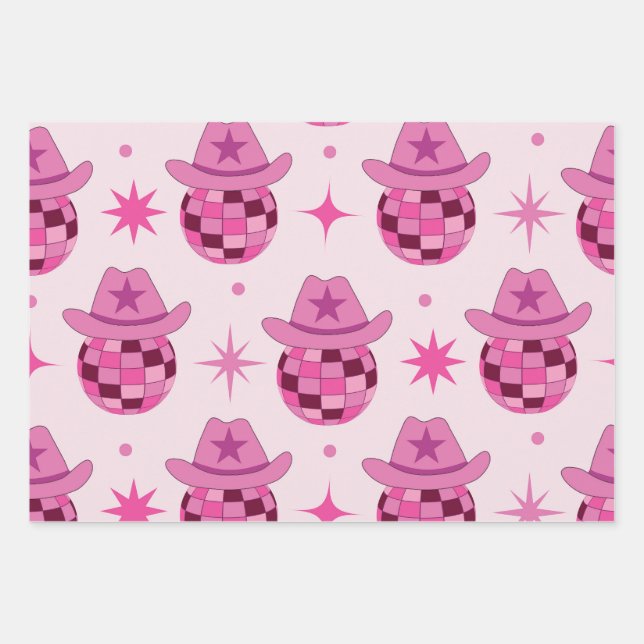 Feuille De Papier Cadeau Modèle de chapeau de cowgirl disco rose avec des é (Devant)