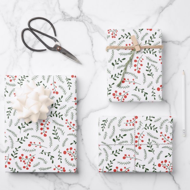 Feuille De Papier Cadeau Modèle de feuillage rouge blanc vert de campagne à (Recto)