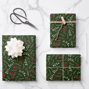 Feuille De Papier Cadeau Modèle de feuillage rustique vert foncé de ferme