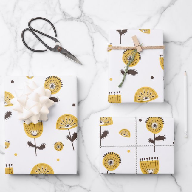 Feuille De Papier Cadeau Modèle Floral Jaune Moderne Du Milieu Du Siècle (Recto)