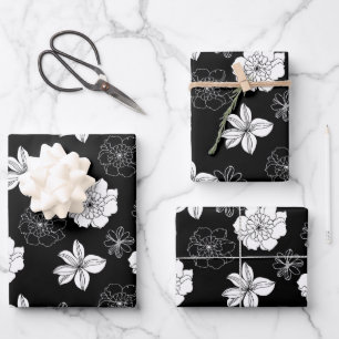 Feuille De Papier Cadeau Modèle floral noir et blanc