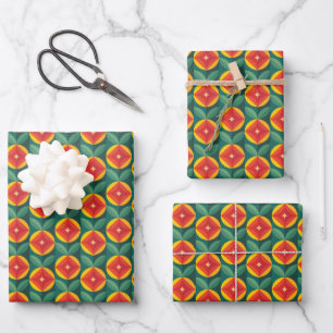 Feuille De Papier Cadeau Modèle Floral Orange Moderne Du Milieu Du Siècle