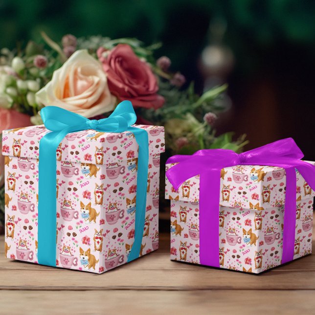 Feuille De Papier Cadeau Modèle Joyeuse Saint-Valentin Corgi (For your Corgi sweetheart! She will love receiving a gift with this paper decorating it. )