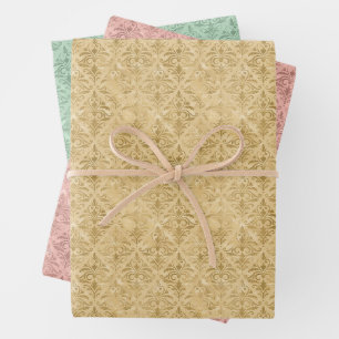 Feuille De Papier Cadeau Modèle or, rose Dusty et vert Damask