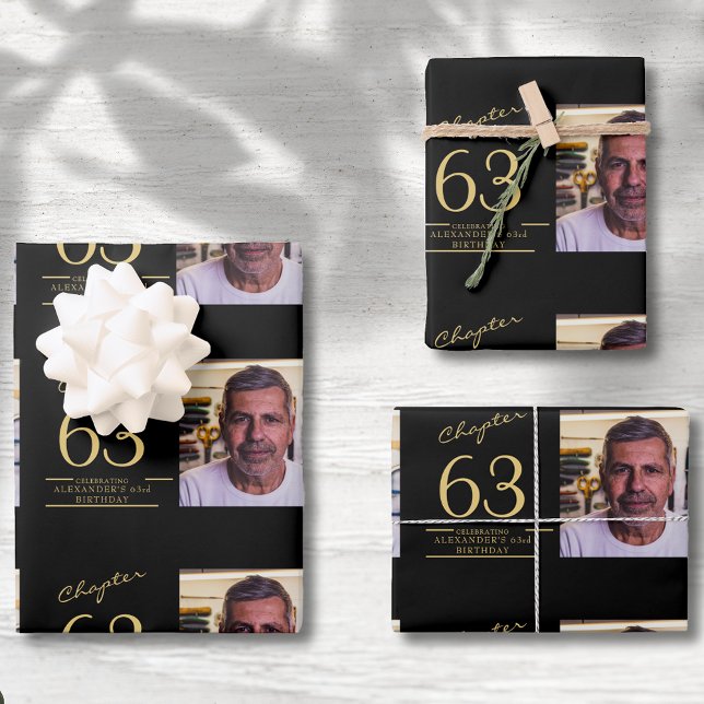 Feuille De Papier Cadeau Modèle photo d'anniversaire n'importe quel âge Bla (Photo template birthday wrapping paper any age. Black and gold with script.)