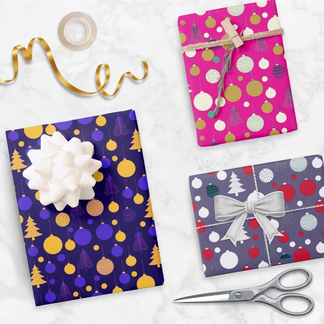 Feuille De Papier Cadeau Modern Abstract Christmas Holiday Set of 3 (A set of 3 sheets of Christmas gift wrapping paper, with bright colors and modern design)