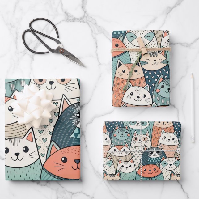 Feuille De Papier Cadeau Modern Cat Characters Pattern (Recto)