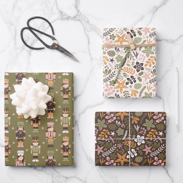 Feuille De Papier Cadeau Modern Christmas floral and nutcrackers (Recto)