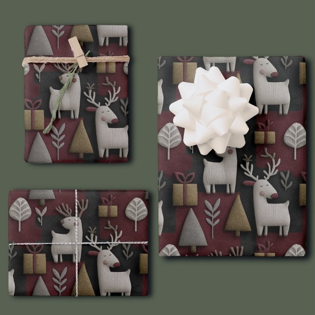 Feuille De Papier Cadeau Modern Christmas Reindeer Red And Gold Pattern (Créateur téléchargé)