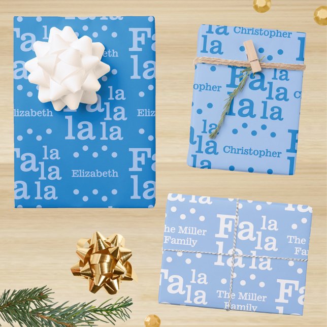 Feuille De Papier Cadeau Modern Fa La Sky Blue Simple Ajouter Nom Noël (Three festive blue designs on this personalized Christmas typography gift wrap)