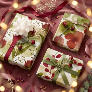 Feuille De Papier Cadeau Modern Green Red Botanical Floral Watercolor