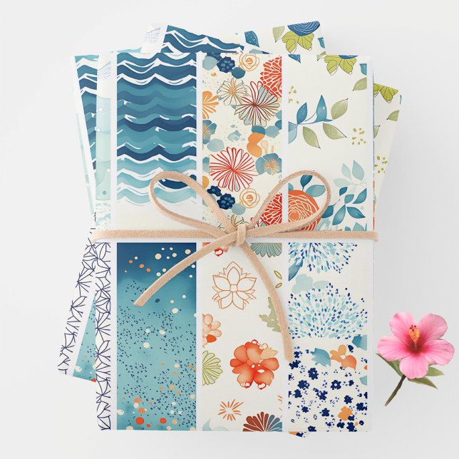 Feuille De Papier Cadeau Modern Japanese Indigo Pattern Collage Sampler (Créateur téléchargé)