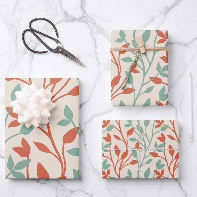Feuille De Papier Cadeau Modern Orange & Sage Botanical Vine Pattern (Recto)