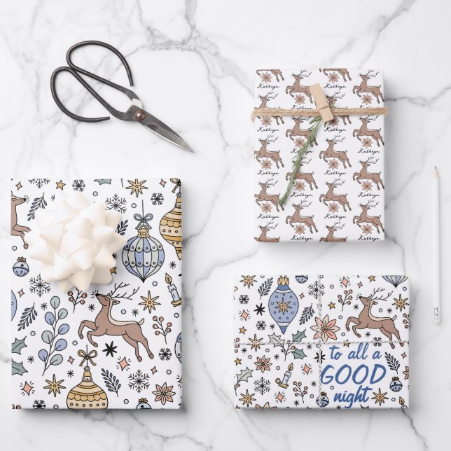 Feuille De Papier Cadeau Modern Reindeer Pattern Personalized Christmas (Recto)