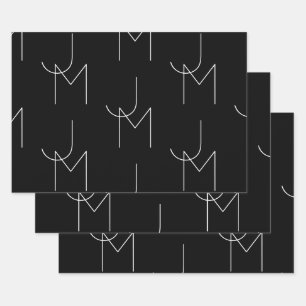 Feuille De Papier Cadeau Moderne 2 Initiales Motif Noir & Blanc