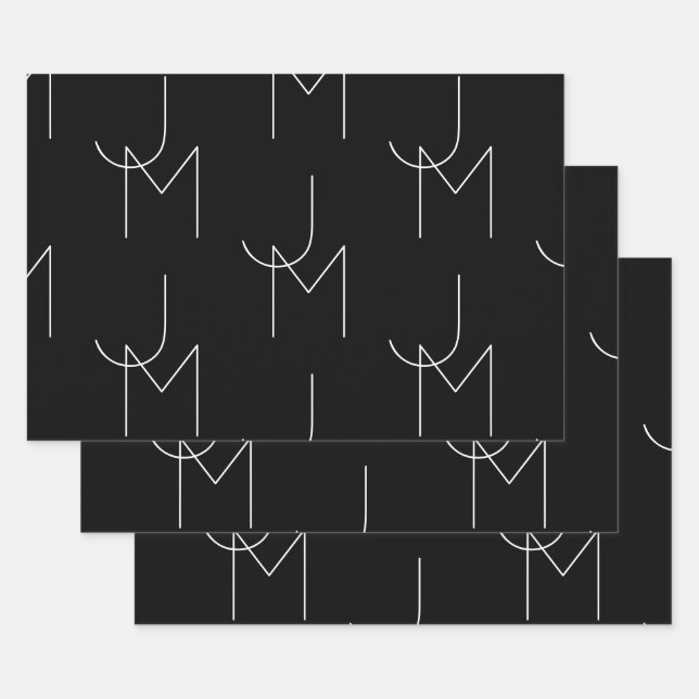 Feuille De Papier Cadeau Moderne 2 Initiales Motif | Noir & Blanc (Lot)
