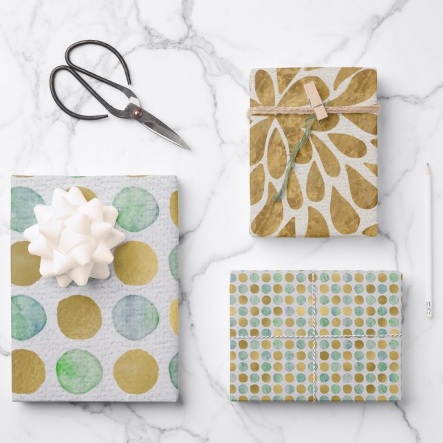 Feuille De Papier Cadeau Moderne aquarelle verte et dorée (Recto)