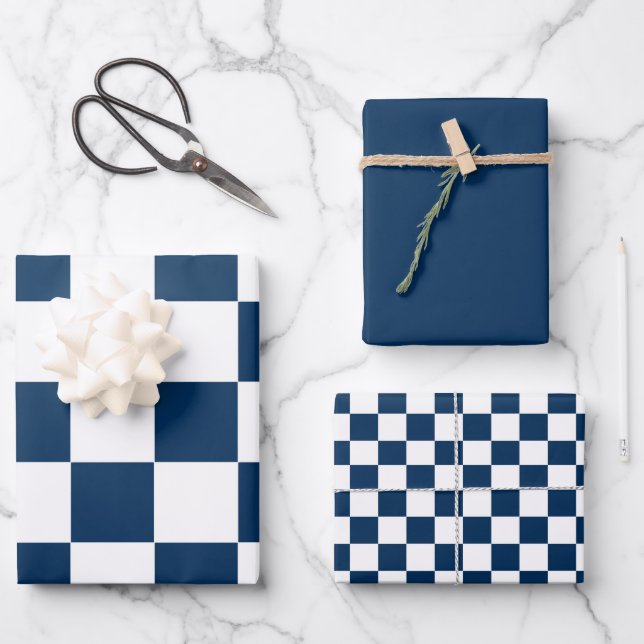 Feuille De Papier Cadeau Moderne carreaux bleu blanc  (Recto)