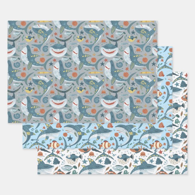 Feuille De Papier Cadeau Moderne Cute Shark Premier deuxième anniversaire F (Lot)
