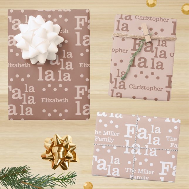 Feuille De Papier Cadeau Moderne Fa La Mocha Simple Ajouter un nom Noël (Festive Fa la la la la gift wrap sheets in mocha chocolate mousse with your names in the design)