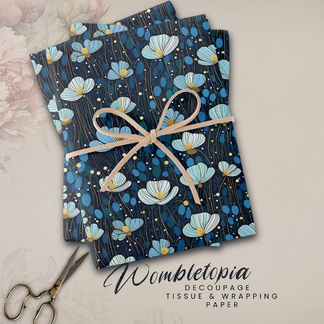 Feuille De Papier Cadeau Moderne Floral bleu foncé Motif de pavot (Créateur téléchargé)