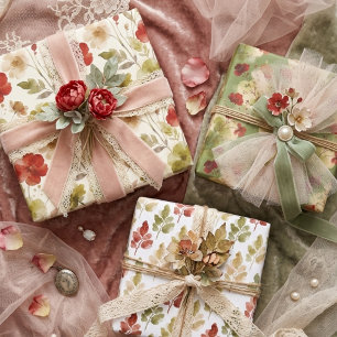 Feuille De Papier Cadeau Moderne Floral Botanique Rouge Vert Aquarelle TMF2