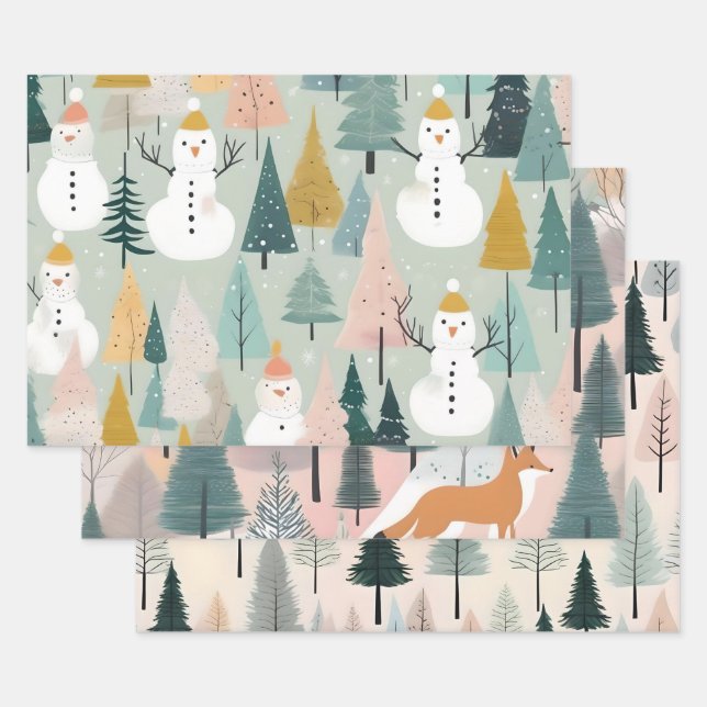 Feuille De Papier Cadeau Moderne Hiver Pastel Snowman Renards & Arbres Vert (Lot)