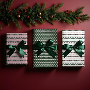 Feuille De Papier Cadeau Moderne minimal rétro Wavy Vert & Rose Bande