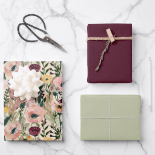 Feuille De Papier Cadeau Moderne Moody Floral Bourgogne & Sage Enveloppemen