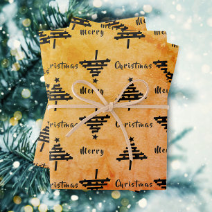 Feuille De Papier Cadeau Moderne motif d'arbre de Noël noir orange pour les
