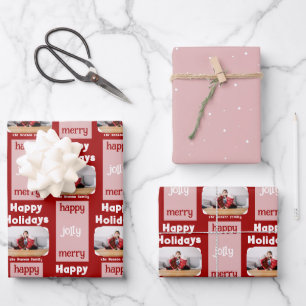 Feuille De Papier Cadeau Moderne Photo de Famille Rose Rouge Noël Joyeux 