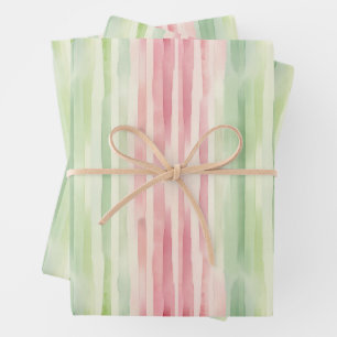 Feuille De Papier Cadeau Moderne, simples rayures d'aquarelle rose et vert