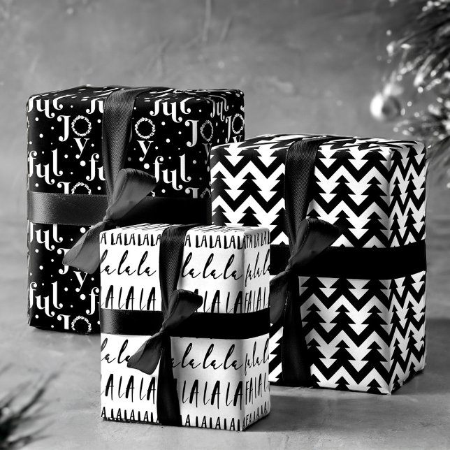 Feuille De Papier Cadeau Moderne tendance FA LA Joyful noir et blanc (Modern Trendy FA LA LA Joyful Black and White Wrapping Paper Sheets)