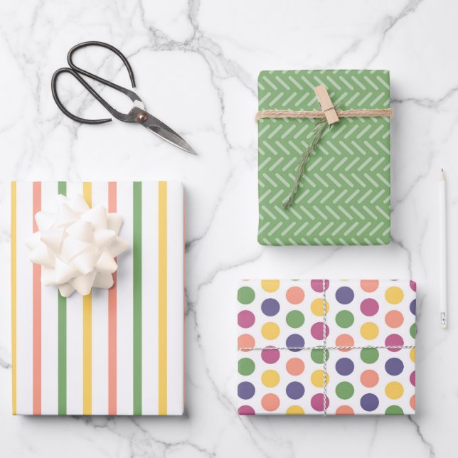 Feuille De Papier Cadeau Moderne Vert, Jaune, Rayures Orange et Points (Recto)
