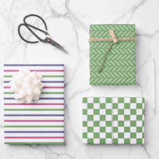 Feuille De Papier Cadeau Moderne Vert, Rose, Rayures Bleues, Carreaux Verts