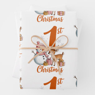 Feuille De Papier Cadeau Mon premier Noël Cerf Rose Fille Bonhomme de Neige