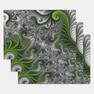 Feuille De Papier Cadeau Monde Fantastique Art Fractal Abstrait Vert Et Gri